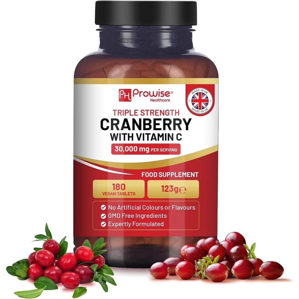 Triple Potency Cranberry 30000mg เพิ่มด้วย C 180 เม็ด I เม็ดกลืนง่าย I Made in the UK โดย Prowise He