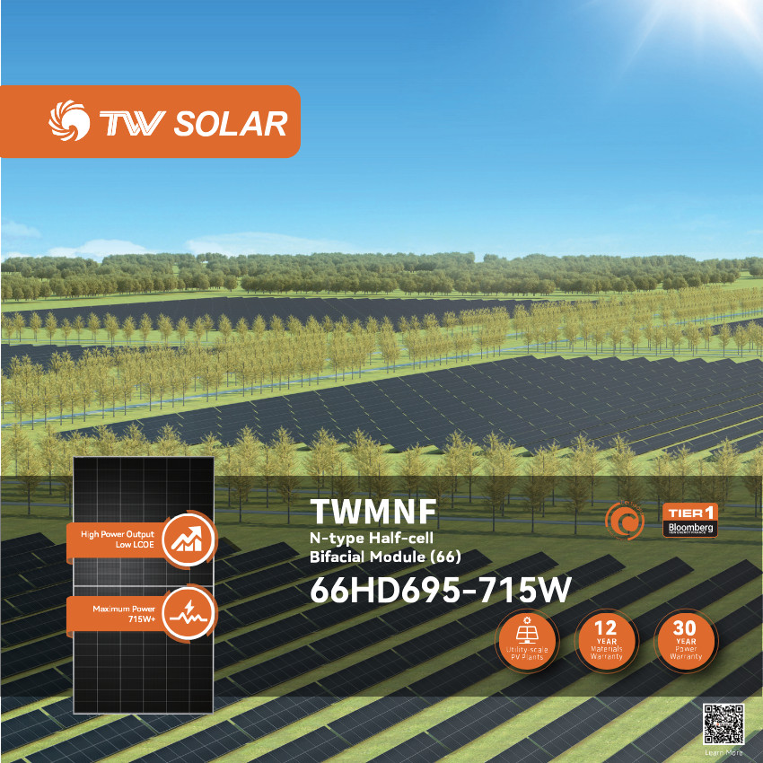 TW Solar แผงโซลาร์เซลล์ 715W N-Type รับแสงสองด้าน (8 แผง)รุ่น 66HD695-715W