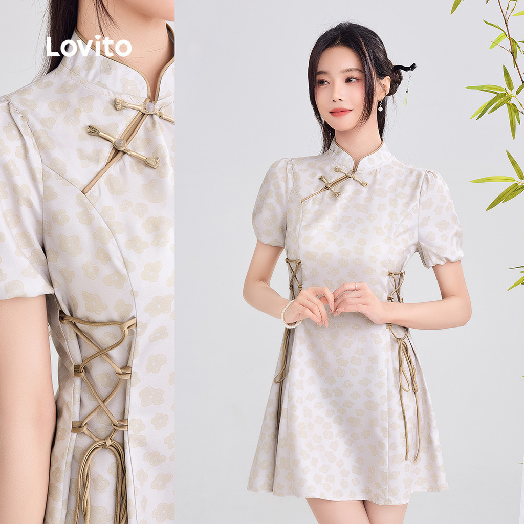 Lovito ชุดเดรสสวยหรู สไตล์จีนใหม่ ชุดเชียงแซม ชุดเดรสสีเทาเขียว สําหรับฤดูใบไม้ผลิ/ฤดูร้อน L166AD029