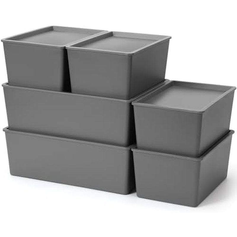 Menkxi 6 Pcs Plastic Storage Bins with Lids Stackable Storage Containers Durable Box Baskets for Org