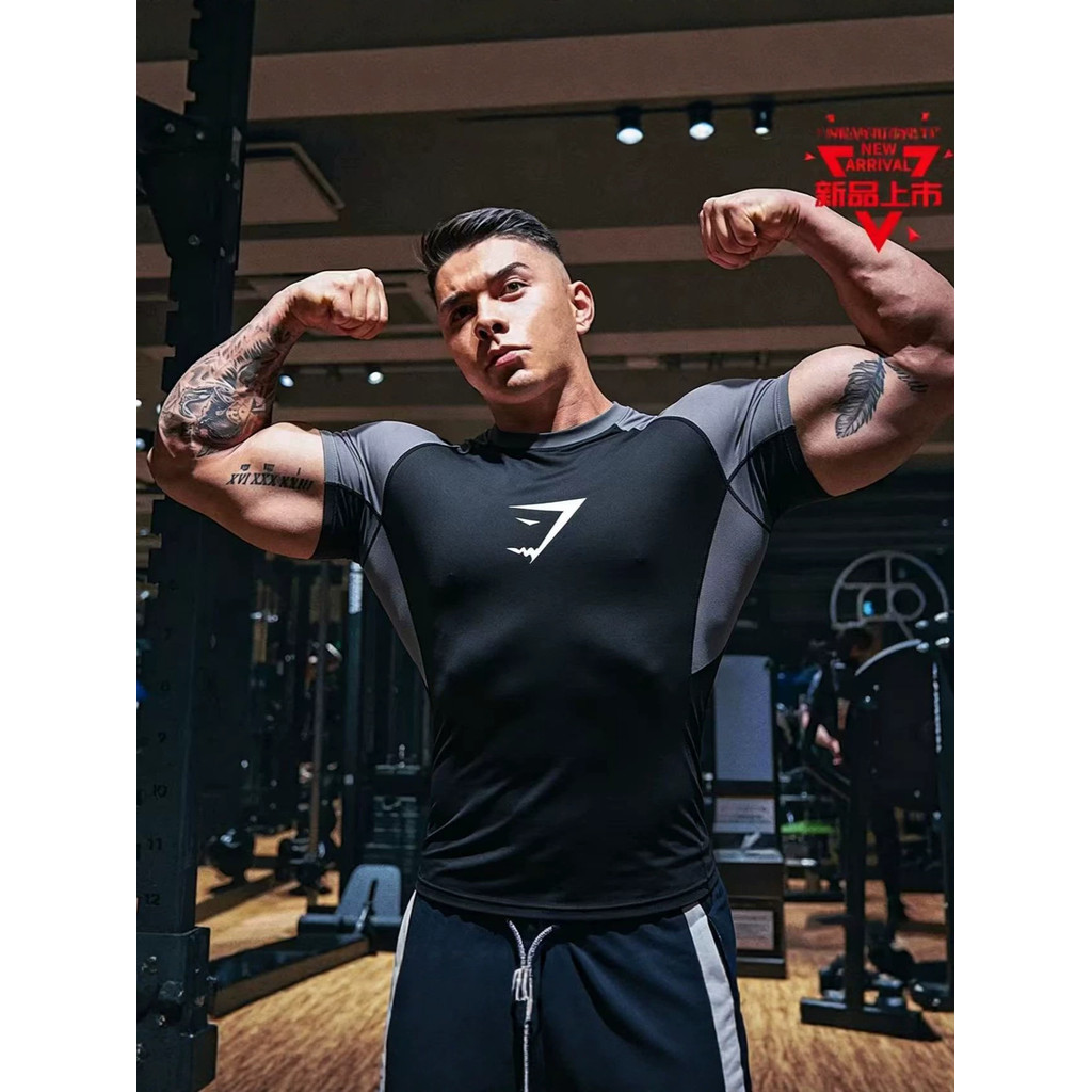 คอกลมประเภทT Running Slim-fit Boys Quickผู้ชายผู้หญิงสีblocking High-Matchเสื้อแห้งยืดหยุ่นGymshark 