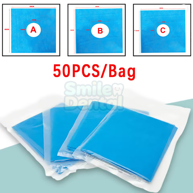 50 ชิ้น/แพ็ค ผ้าคลุมผ่าตัด มีช่องเปิด ผ้าไม่ทอ แบบใช้แล้วทิ้ง ปลอดเชื้อ แผ่นมีรูสีน้ำเงิน ผ้ากันเปื้อนสำหรับทันตกรรม