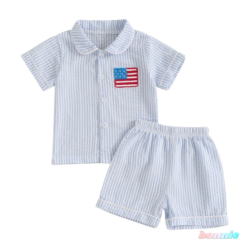 Bonnie3-Boys Patriotic ชุดนอนชุดลายพิมพ์ธงเย็บปักถักร้อยปุ่มเสื้อพร้อมกางเกงขาสั้นยืดหยุ่นสําหรับ Lo
