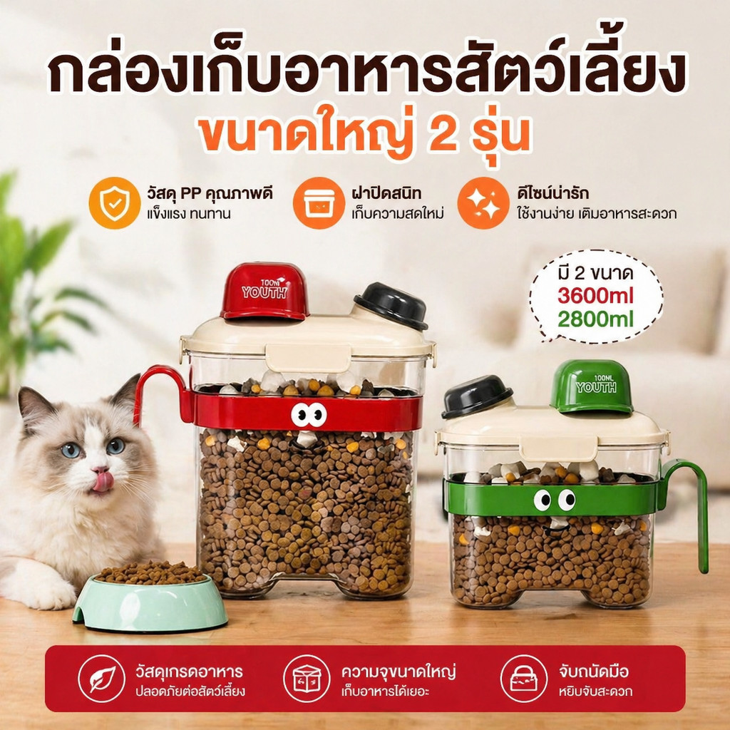 กล่องใส่อาหารสัตว์เลี้ยง 2.8/3.6L กันความชื้น ฝาปิดแน่น ขวดใส่อาหารแห้ง วัสดุ PP ปลอดภัย