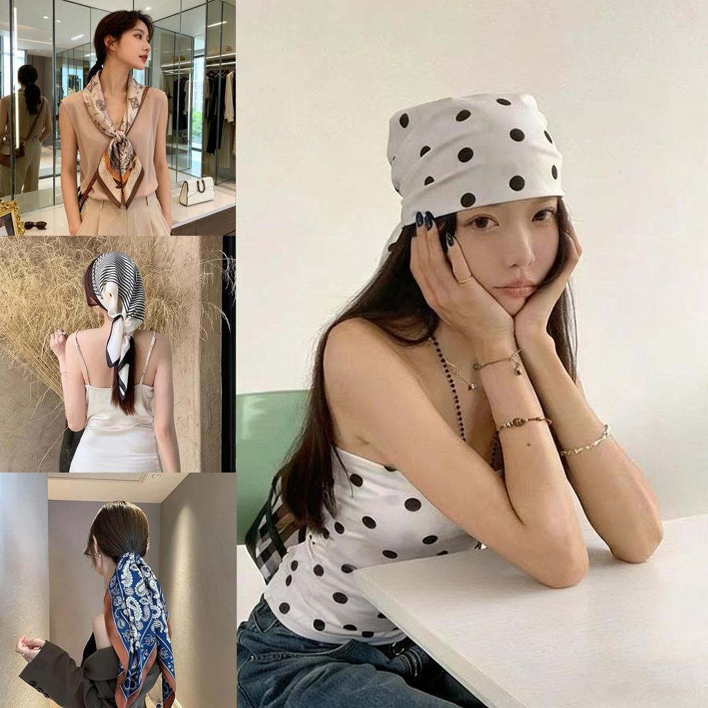 ผ้าพันคอลายจุด 70x70 เซนติเมตร ผ้าคลุมเกาหลี ตกแต่งสายร้อยหน้าสไตล์แฟชั่นสำหรับผู้หญิง ใช้ผ้าไหมเนื้อสัมผัสนุ่มลื่น
