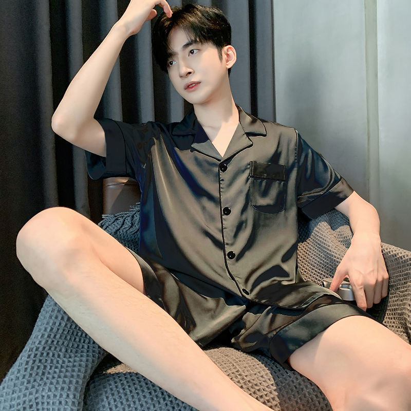 【ks0735.th】 冰丝睡衣男夏季短裤短袖男生家居服夏款男士大码春秋男款丝绸套【 Hot selling in store 】 Ice silk pajamas men's summer shor