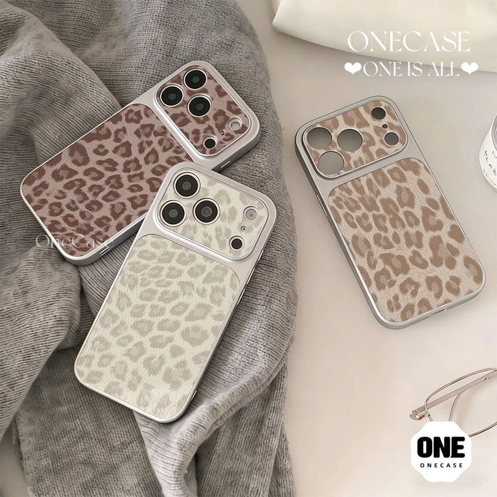 เคส iPhone ลายเสือดาวสีเบจ/สีครีม ผิวหนังจำลอง ขอบเงินคุณภาพสูง เปลือกนิ่ม สำหรับ iPhone 12 15 13 Pro 11 14 Plus 16 17