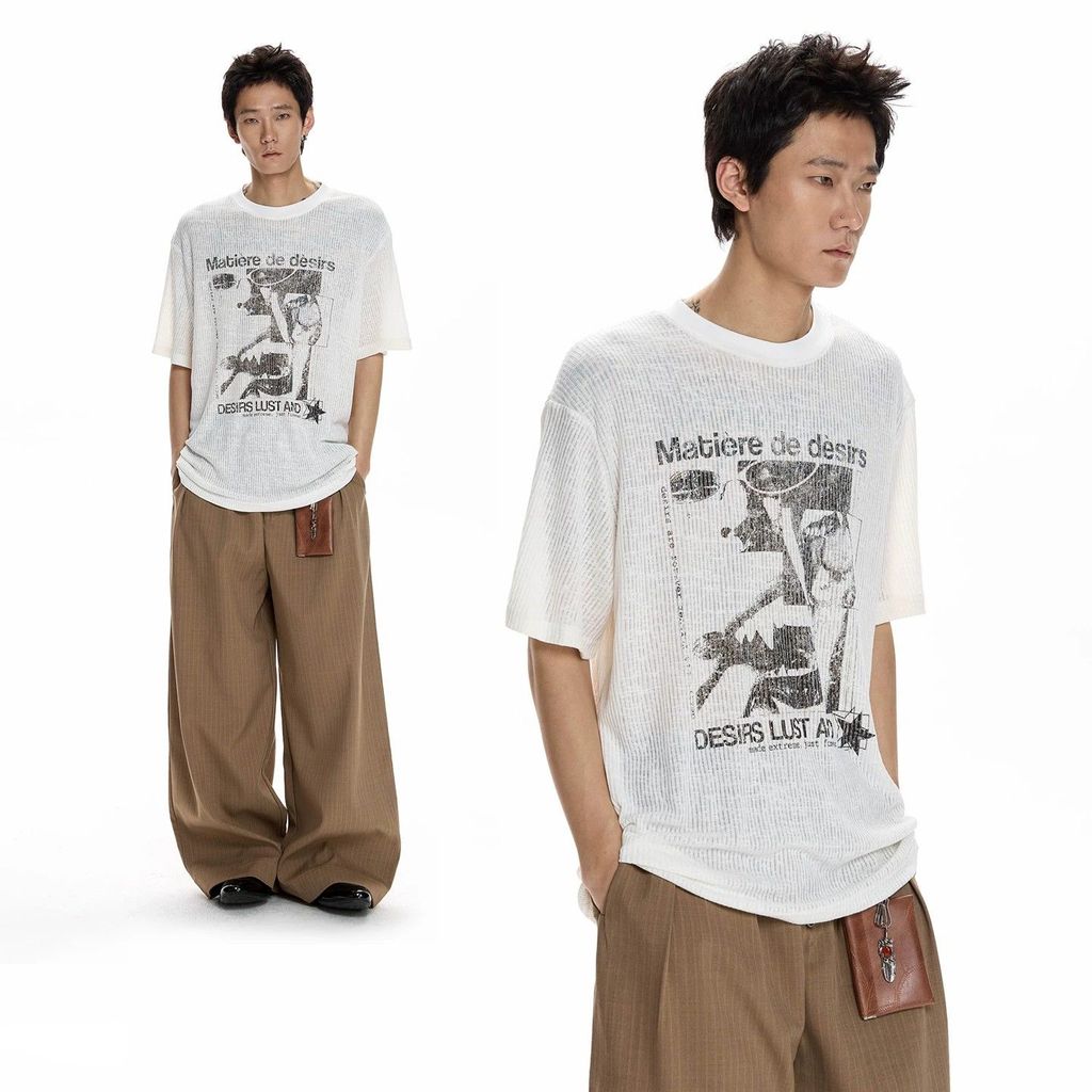VALEXTRA American Retro พิมพ์ Textured เสื้อยืดแขนสั้นผู้ชายผู้หญิง Breathable ถักรอบคออินเทรนด์ 5.5