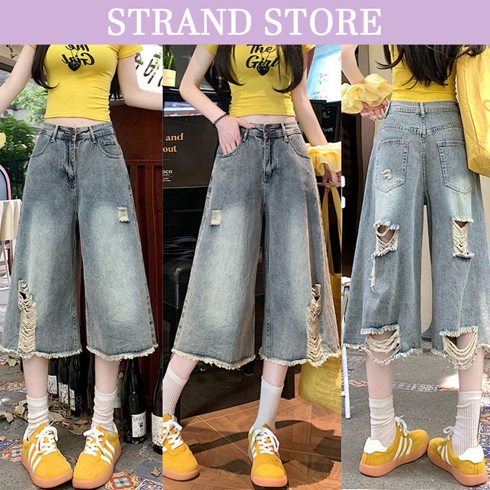STRAND💜กางเกงยีนส์วินเทจy2k ขากว้าง ขาสามส่วน สีฟ้าล้าง ขาดเป็นแนว แนวสตรีท ใส่แล้วขายาว ไม่อึดอัด S-5XL 6659-6661