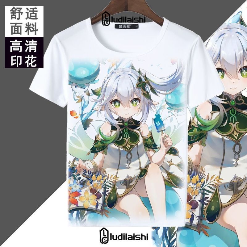 原神游戏草神纳西二次元男女短袖T恤cos学生动漫夏季周边衣服5.6 Genshin Impact game Nahida short-sleeve T-shirt for men and women,