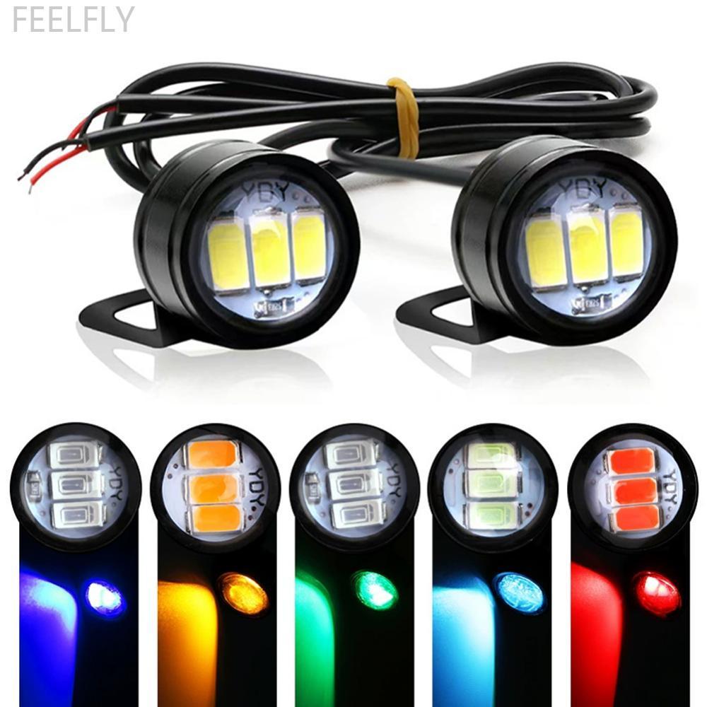 FEELFLY 2 ชิ้นรถจักรยานยนต์ LED DRL ไฟวิ่งกลางวัน Eagle Eye โคมไฟสํารองรถยนต์ย้อนกลับที่จอดรถไฟเลี้ย