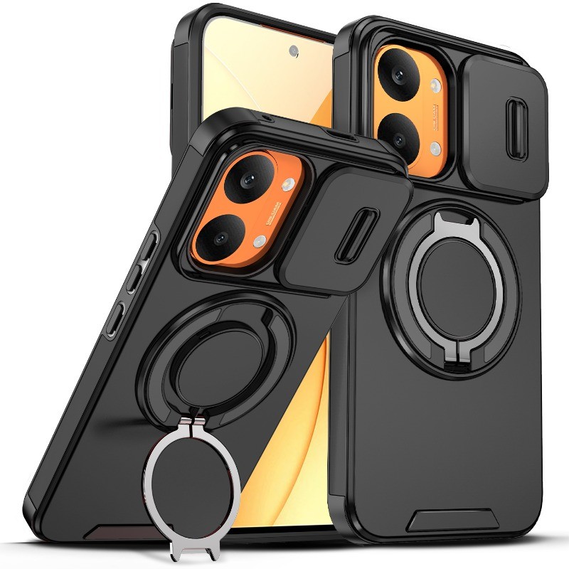 โลหะหมุนวงเล็บเคสโทรศัพท์แม่เหล็กสําหรับRedmi Turbo 5 4 A7 Pro max K70E Poco X8 X7 F7 X6 M6 Pro 15T 14T Proเลนส์เลื่อนหน้าต่างAnti fall shell PC + TPUฝาครอบป้องกัน