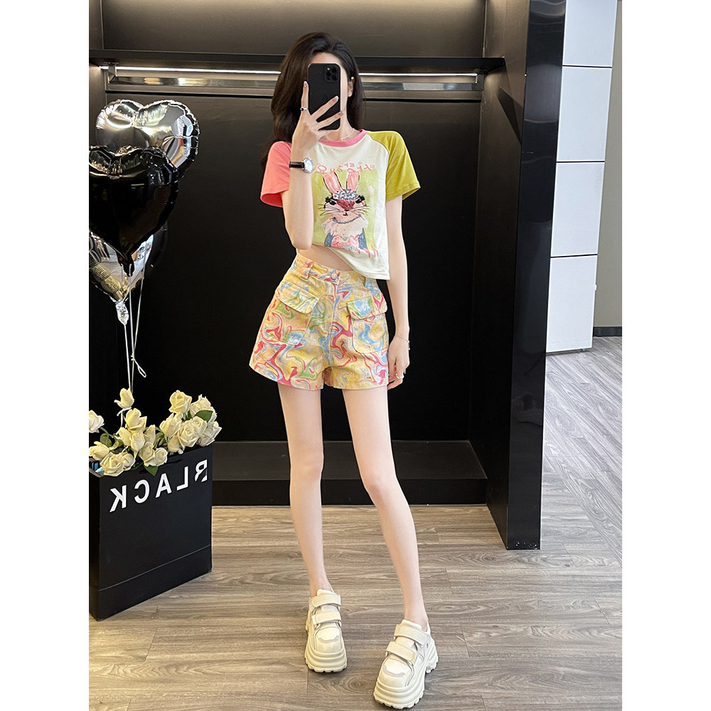 กางเกงขาสั้นสบาย cicishop1 Korean shorts โดปามีน ชุดลําลองผู้หญิงฤดูร้อนสีคมชัดแขนสั้นเสื้อยืดกางเกง