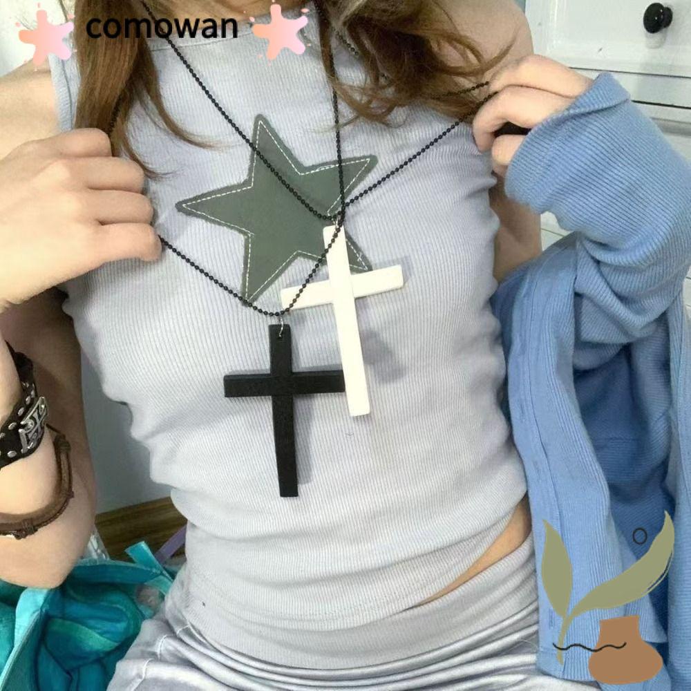 Comwan สร้อยคอฮิปฮอป, Y2k ไม้สีดํา Cross จี้สร้อยคอ, แฟชั่น Punk Gothic เสื้อกันหนาวผู้หญิง