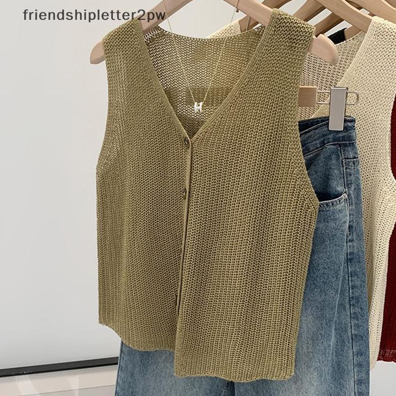 (friend) ฤดูร้อนเกาหลีผ้าฝ้ายและผ้าลินินแฟชั่นสบายๆสีทึบหลวม V-Ne เสื้อกั๊กสําหรับผู้หญิง (TH)