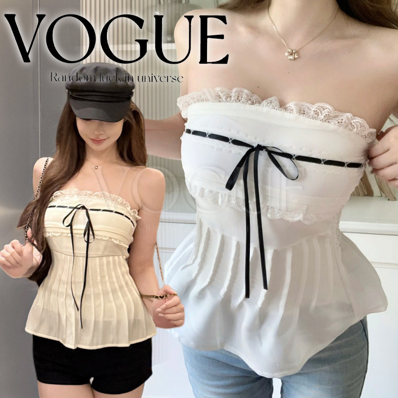 Vogue พร้อมส่ง เสื้อเกาะอกสไตล์เกาหลี แต่งลูกไม้ ดีเทลเชือกผูกเอวกระชับ ใส่ไปคาเฟ่ชิวๆ (FY2980#1)