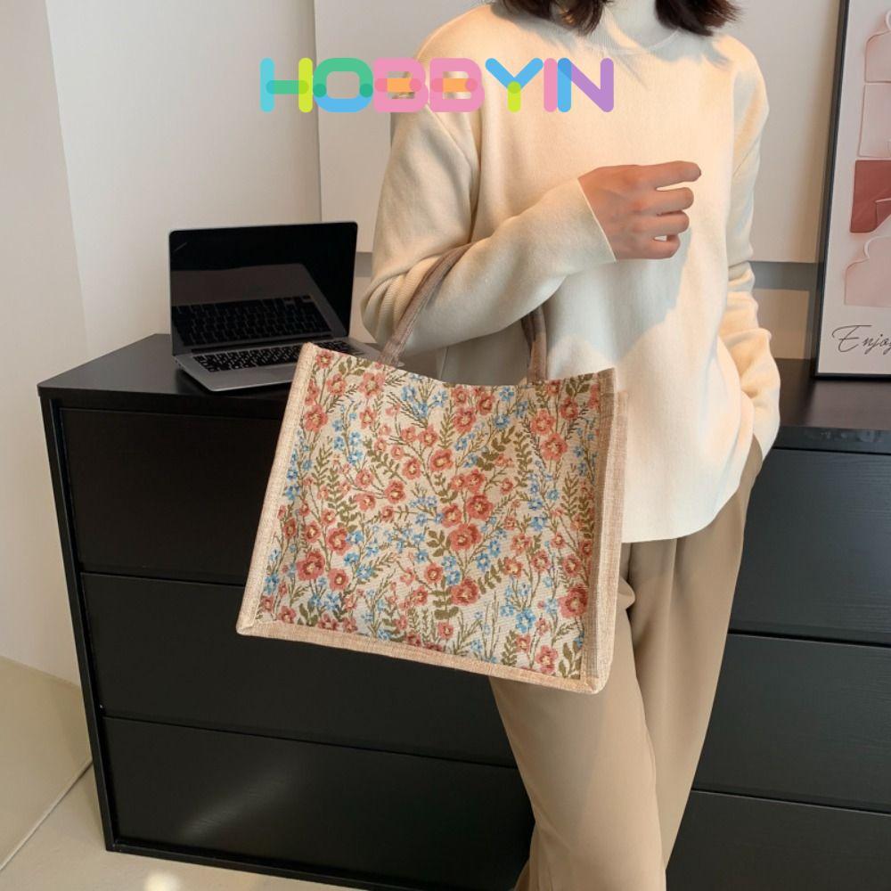 HOBBYIN Flax Tote Bag Larger Capacity Simple Casual Mummy Bag