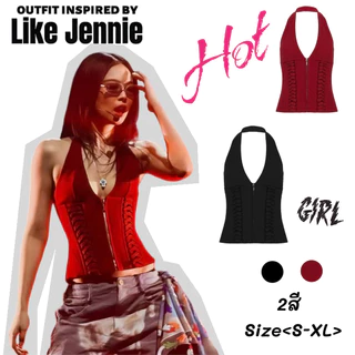 พร้อมส่ง💘เสื้อคามิโซลสีแดงของJennieพร้อมสายคล้องคอแบบฮัลเตอร์รูปโครงกระดูกปลาเซ็กซี่เน้นเอวมีซิปหน้าเหมาะใส่ไปคอนเสิร์ต