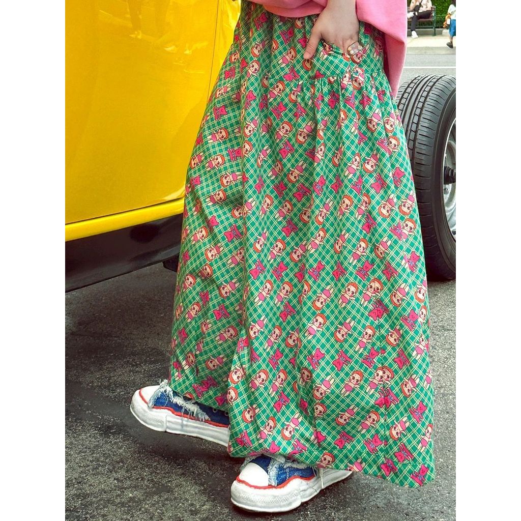 บ้าน @ โฮมเมดญี่ปุ่น Showa Retro Childlike ตุ๊กตาสีเขียว Casual เอวสูง Slimmer ดูปกเนื้อหลวมกว้างขา Culottes