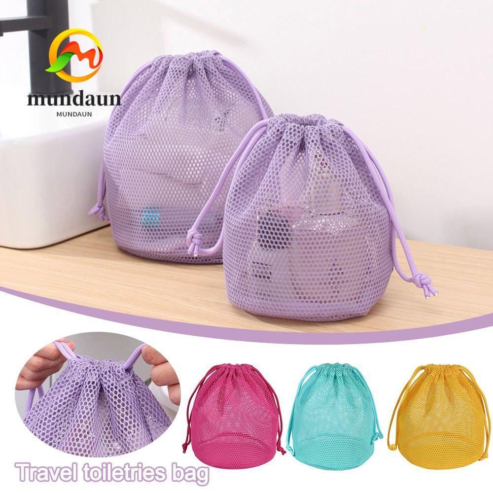 กระเป๋าเครื่องสําอาง MUNDAUN, กระเป๋าเก็บเชือกรูดสี Dopamine, กระเป๋าใส่อุปกรณ์อาบน้ําขี้เกียจตาข่ายความจุขนาดใหญ่
