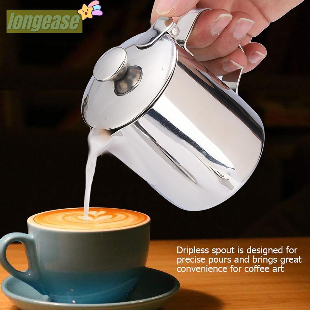 LONGETH เหยือกบดกาแฟ,พร้อมฝาปิดเงินนม Frothing Pitcher, Latte Coffee Art สแตนเลสสตีลออกแบบ Latte Art