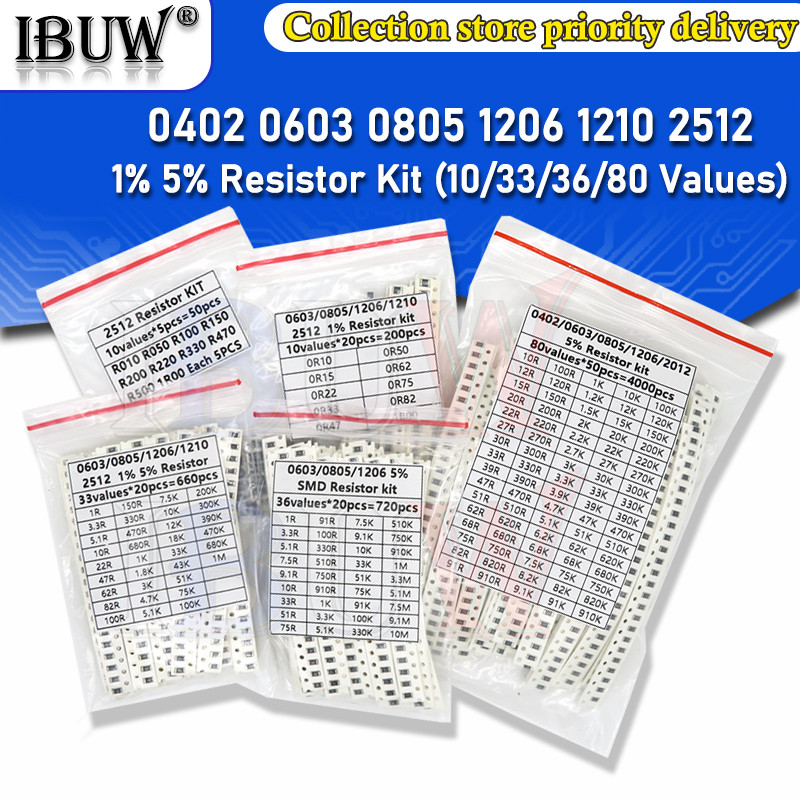 200PCS 660PCS 720PCS 4000PCS 0402 0603 0805 1206 1210 2512 SMD Resistor Kit igmopnrq คละชุด 10K 100K