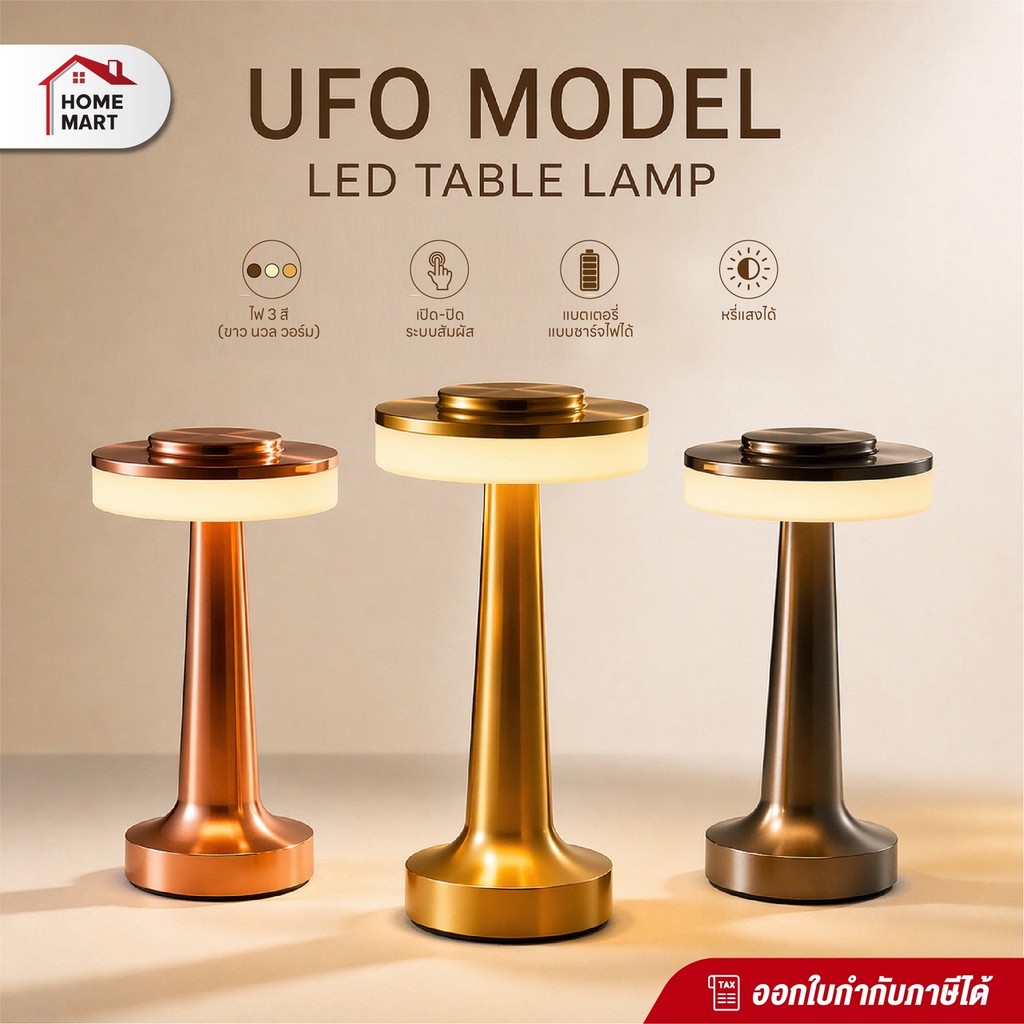 Homemart UFO Model LED Table Lamp | โคมไฟตั้งโต๊ะไร้สาย ทัช 3 สี ปรับแสงได้ ชาร์จ USB ดีไซน์มินิมอล พรีเมียม