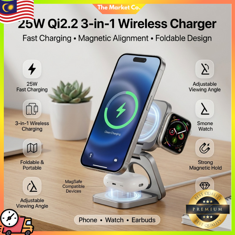 เครื่องชาร์จไร้สายแบบพับได้3-in-1 – แท่นชาร์จแม่เหล็ก 25W สําหรับ iPhone, Apple Watch & Travel Setup