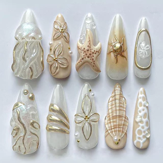 3D Sea Shell & Heart เล็บเจลมือวาดวันหยุดฤดูร้อนกดบนเล็บ