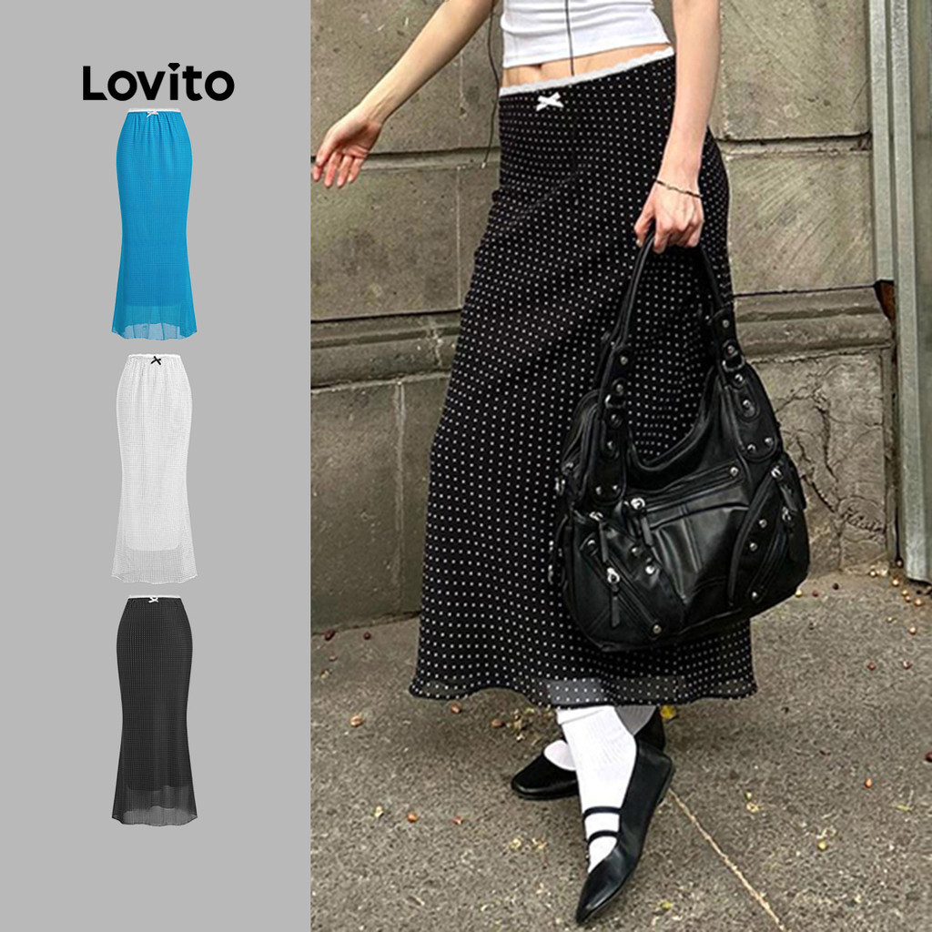 Lovito แคชชวล กระโปรงลายจุด ตกแต่งดีเทล สุดน่ารัก สำหรับผู้หญิง L114AD845