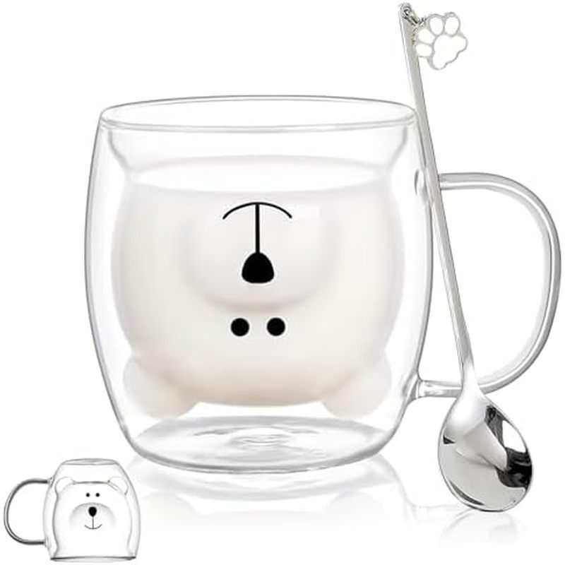 Bear Cute Mugs Kawaii Double Wall Glass Coffee Tea Mill Yogurt Cup Funny Novelty Gift for Women Her 