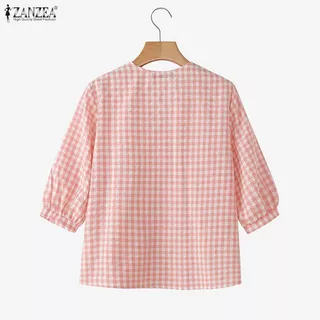 ZANZEA เสื้อลายสก๊อตทรงหลวม คอวี สไตล์ลำลองแบบเกาหลี