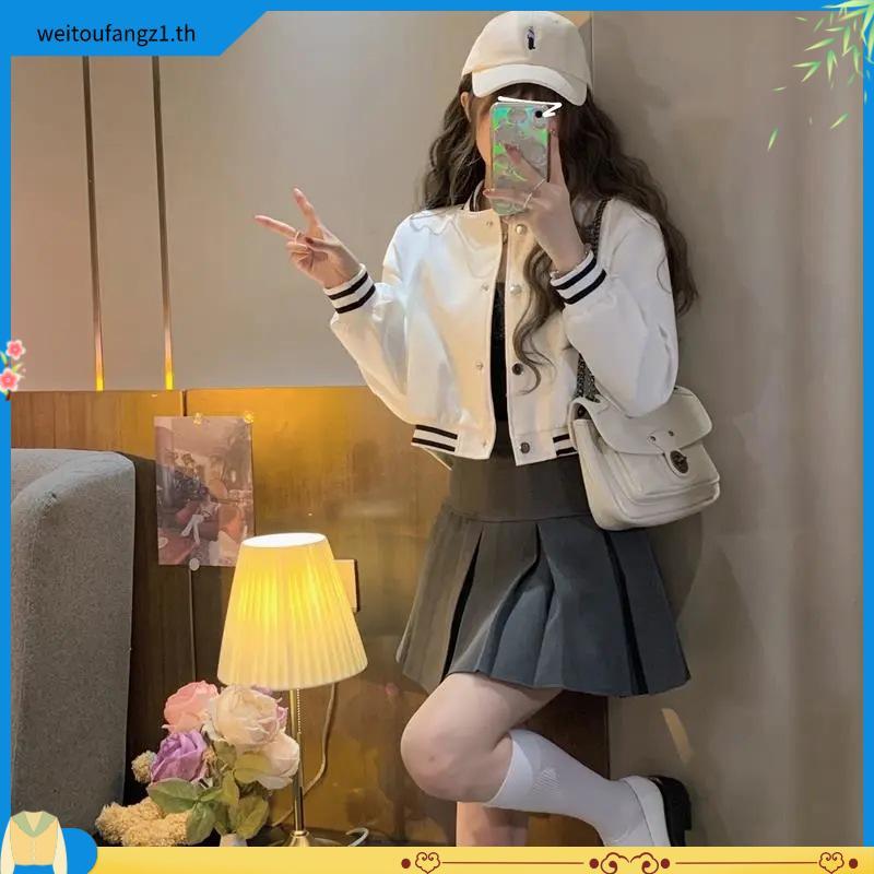 Onu เสื้อแจ็กเก็ตเบสบอล แขนยาว คอปกตั้ง กระดุมแถวเดียว สําหรับผู้หญิง FEI