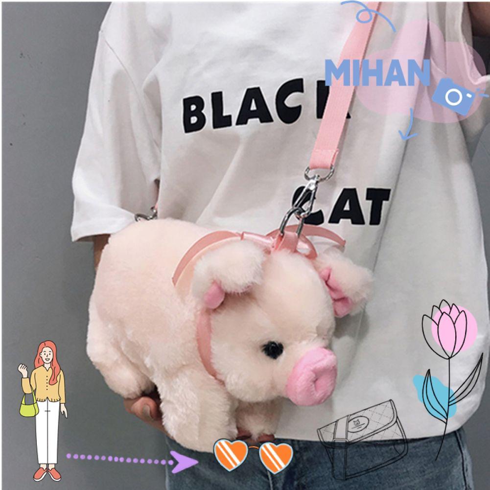 Mh กระเป๋าถือ กระเป๋าสะพายไหล่ ผ้ากํามะหยี่ขนนิ่ม ลายการ์ตูนหมู สีชมพู แฟชั่นสําหรับเดินทาง