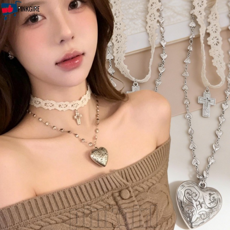 [Rdy Stk] 4-1 PC Double Layer Lace Heart Choker - Y2K Clavicle Chain - สร้อยคอจี้ข้าม - พู่ห้อยสร้อย
