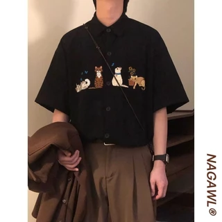 เสื้อเชิ้ตผู้ชายแขนสั้น อเมริกันย้อนยุค สไตล์วิทยาลัย