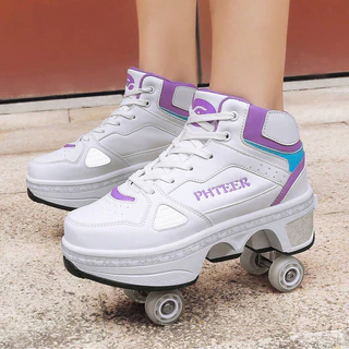 Big สี่ล้อ Pulley รองเท้าชายหญิงเด็ก Runaway Shoelaces ล้อกีฬารองเท้าสเก็ตบอร์ดกลางแจ้ง Double-Row Roller Skates One-Button สวิทช์ Au