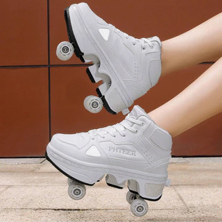 Big สี่ล้อ Pulley รองเท้าชายหญิงเด็ก Runaway Shoelaces ล้อกีฬารองเท้าสเก็ตบอร์ดกลางแจ้ง Double-Row Roller Skates One-Button สวิทช์ Au
