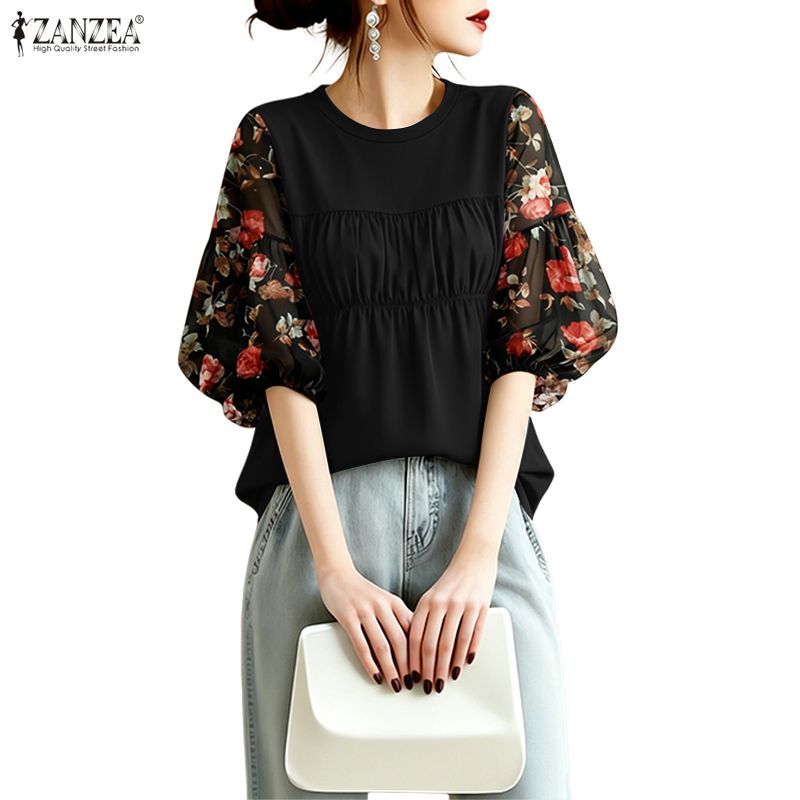 ZANZEA ผู้หญิงวันหยุดเกาหลี Elegant Crew คอดอกไม้พิมพ์ Patchwork Pleats เสื้อหลวม