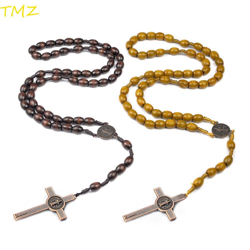 TMZ14968 สร้อยคอลูกประคําแฮนด์เมด, รถแขวนเครื่องประดับไม้ลูกปัดสร้อยคอ, จี้คาทอลิกสีน้ําตาลลึกศาสนาท
