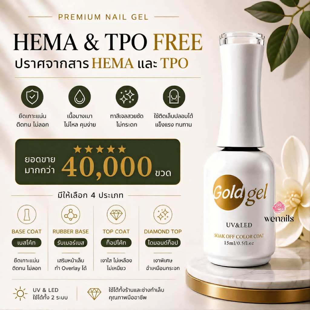 Gold Gel โกลด์เจล เบสท็อป เบส ท็อป เบสเจลทาเล็บ ท็อปเจล เคลือบเล็บเจล เบสโค้ท ท็อปโคท base coat / top coat สีเล็บเจล