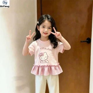 [ZY] 80-130 พร้อมสต็อกเด็กเสื้อยืดแขนสั้นลําลองสีชมพู Ruffled ลายสก๊อต T หญิงน่ารัก Bottoming เสื้อการ์ตูน All-Match Top เสื้อผ้าเด็กแฟชั่น Fast Shipping