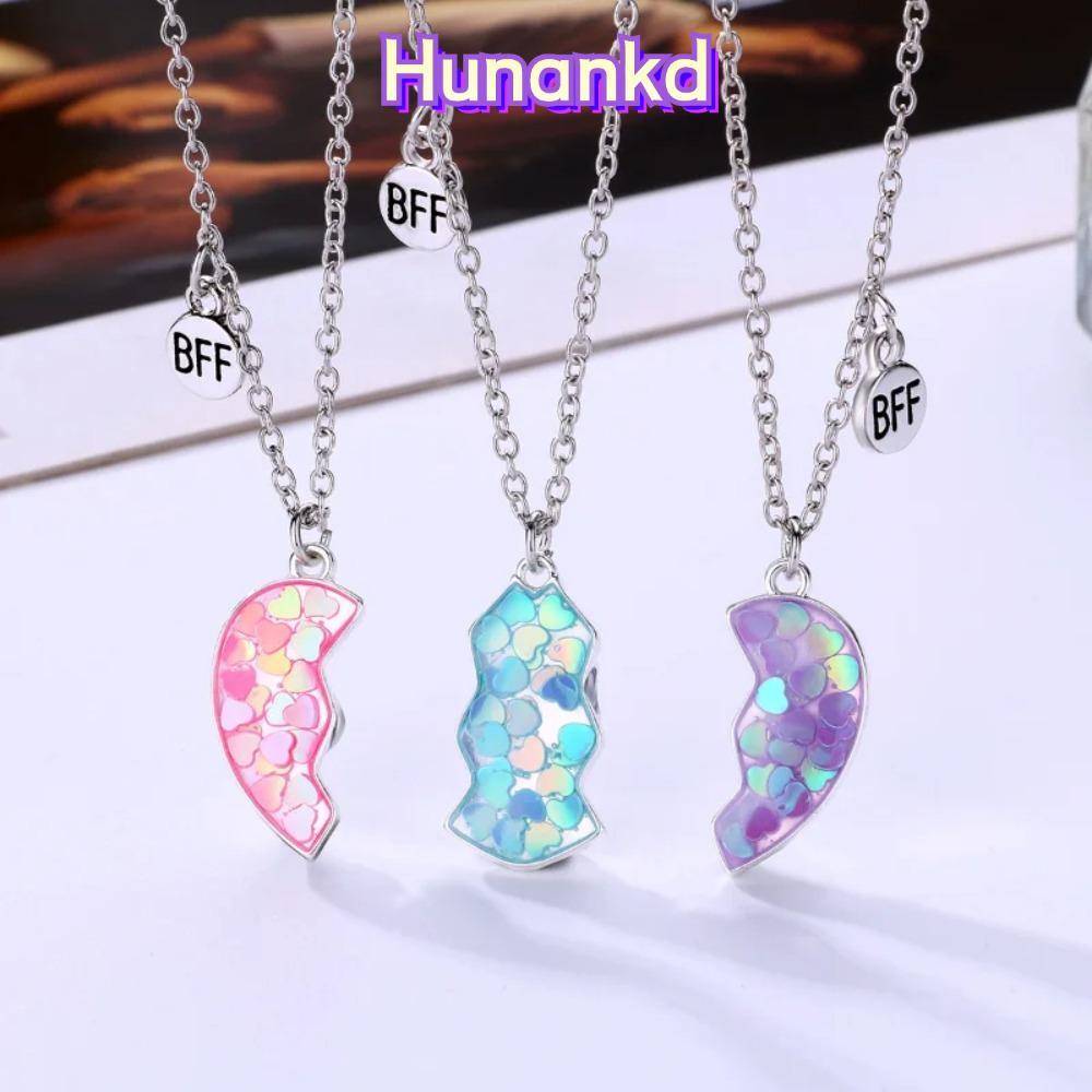 HUAN 3 ชิ้น BFF สร้อยคอ, มิตรภาพน่ารักจับคู่สร้อยคอจี้หัวใจ, เครื่องประดับมิตรภาพโลหะผสมการ์ตูนหยดสร้อยคอหัวใจ