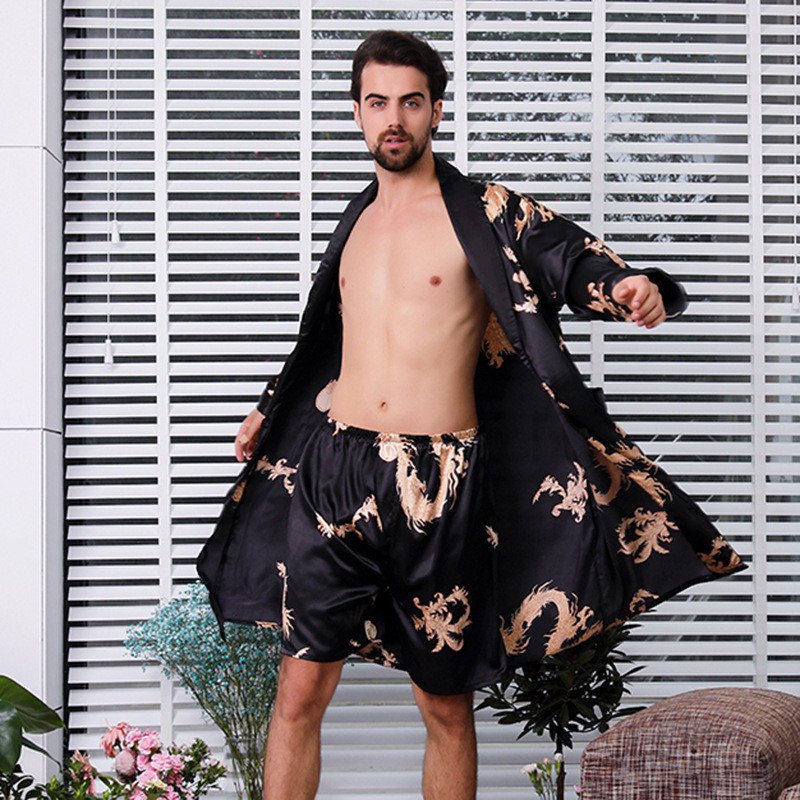 ผู้ชายชุดนอนผ้าไหมกางเกงขาสั้นชุดสองชิ้นฤดูร้อนบางชุดนอนเสื้อคลุมมังกรเสื้อคลุมอาบน้ําสไตล์ลําลอง