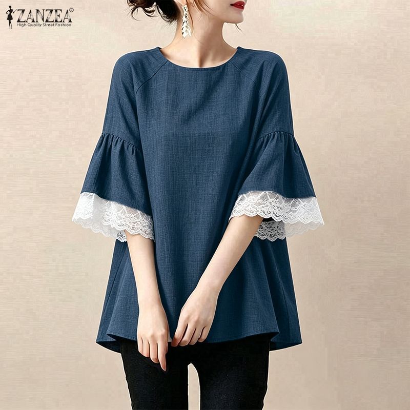ZANZEA ใส่ ซานเซีย ผู้หญิงเกาหลีสบายๆรอบคอครึ่งแขนหลวมนัวเนียแขนลูกไม้ ประกบกัน เสื้อ — صورة 5