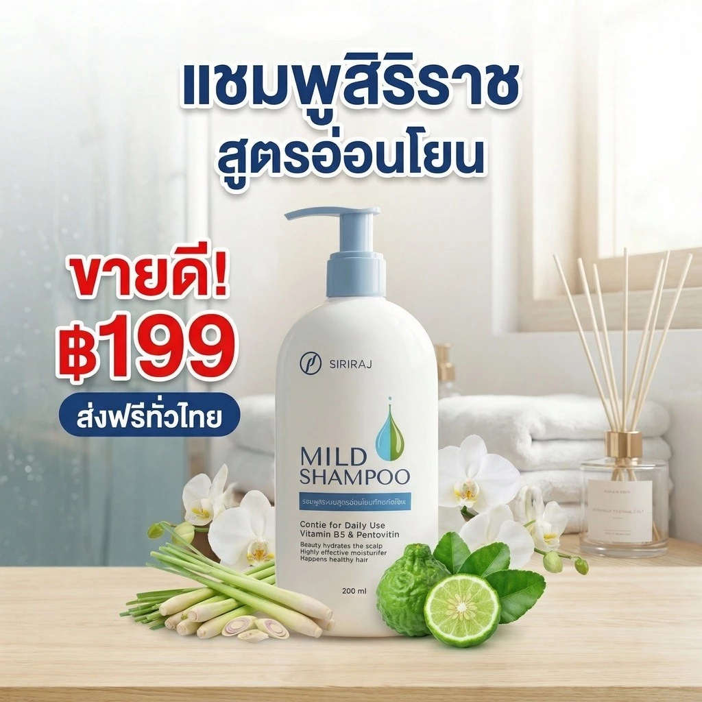 🔥ซื้อ 1 แถม 1🔥SIRIRAJ Mild Shampoo แชมพูสูตรอ่อนโยน สำหรับใช้ทุกวัน บำรุงหนังศีรษะ ชุ่มชื้นด้วย Vitamin B3 & Pentovit ผม