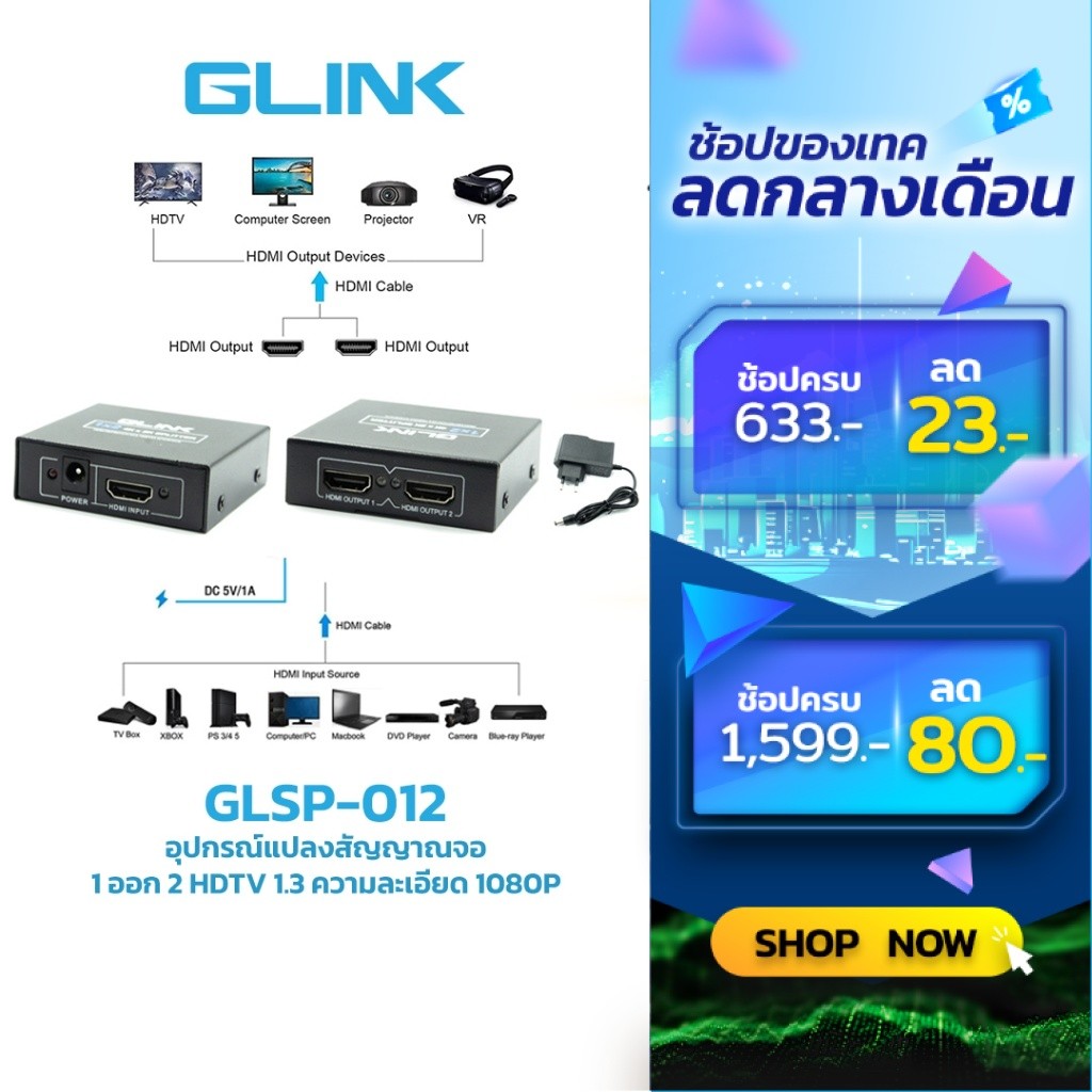 GLINK GLSP-012 HDMI 1x2 SPLITTER FullHD