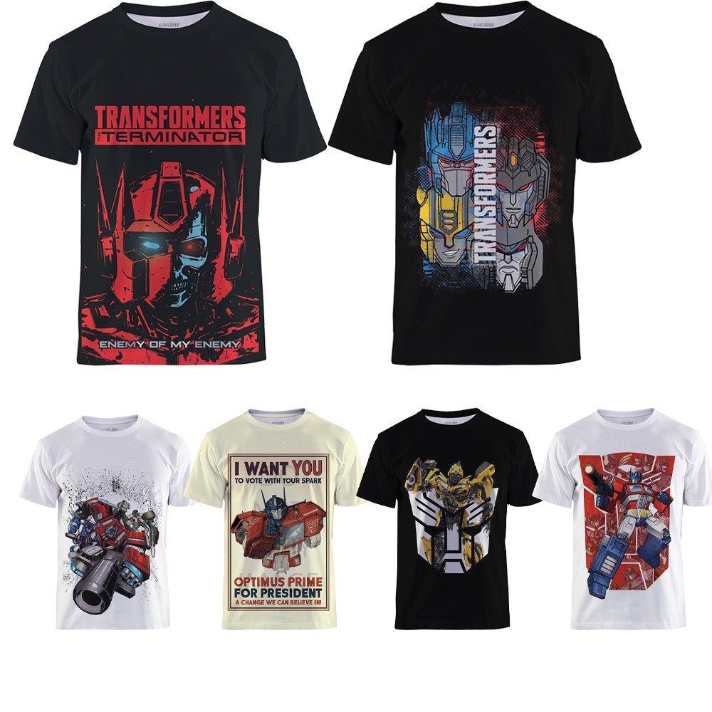 ผู้ชาย หม้อแปลงไฟฟ้า 3ง พิมพ์เสื้อยืดอะนิเมะเสื้อลําลองแขนสั้นสีขาวสีดํา