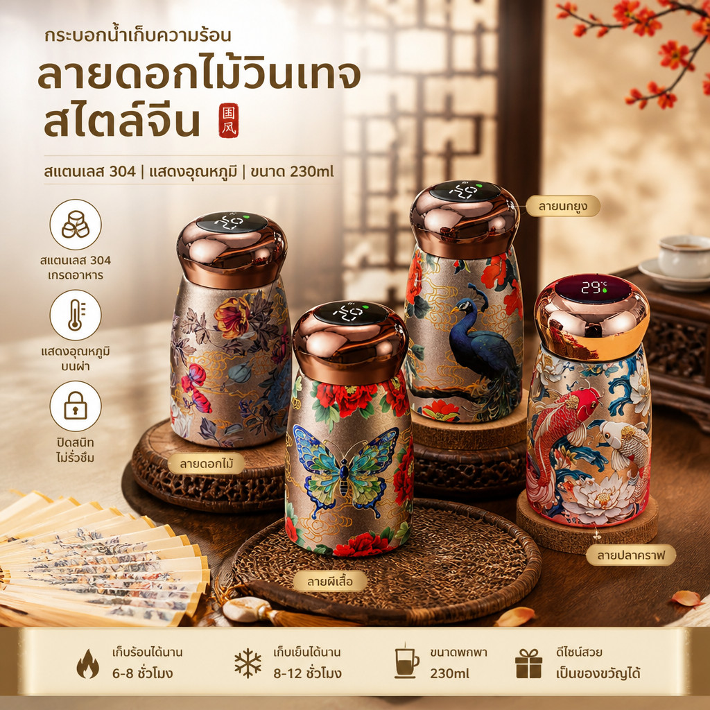กระติกน้ำเก็บอุณหภูมิ ระบบควบคุมโบราณลายคาร์ปด้านนอกสแตนเลส 316 เก็บความร้อนพร้อมระบบควบคุมอุณหภูมิ