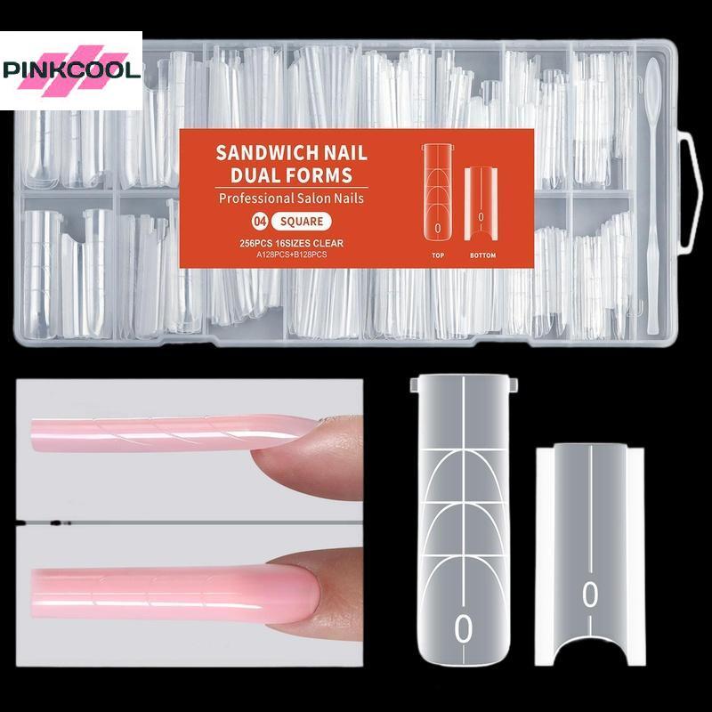 PINKCOOL 256pcs แซนวิช Dual เล็บโหมดสําหรับเล็บอัลมอนด์ Coffin 16 ขนาดนํากลับมาใช้ใหม่ด้านบนด้านล่างรูปแบบเล็บเครื่องมือขยายร้อน